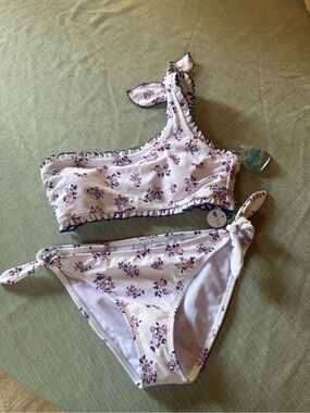 NWT Floral Ruffle One-Shoulder Bikini Set - White & Lavender